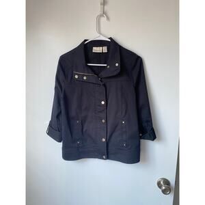 Chico’s Black Utility Jacket Size 0 (S) Stretch Cotton Gold Buttons Classic Chic